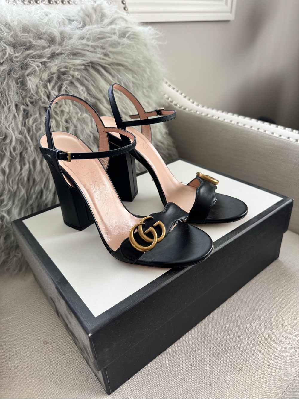 Gucci Marmont Black Leather Block Heel Sandals with Gold GG 38
